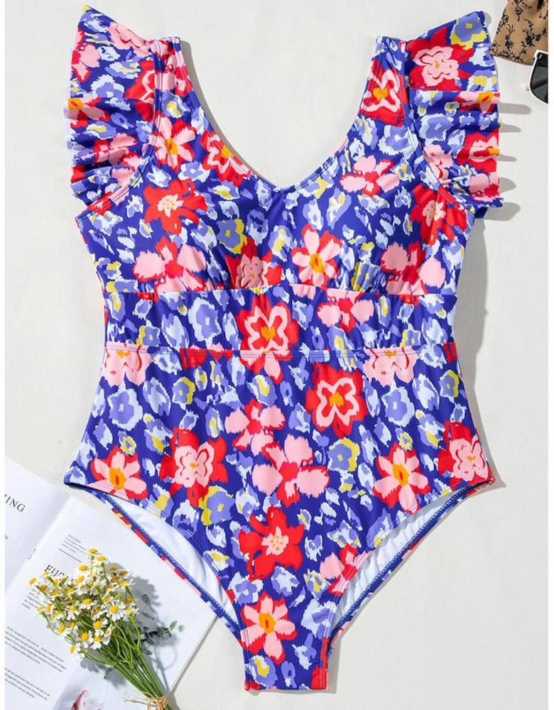 Blue Floral Print Ruffled V Neck High Waist One Piece Swimwear