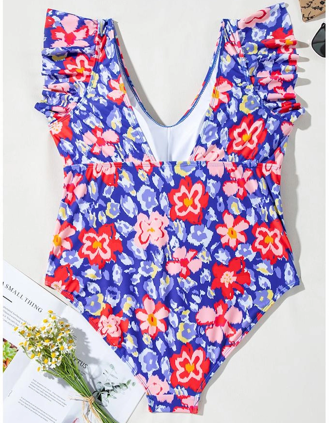 Blue Floral Print Ruffled V Neck High Waist One Piece Swimwear