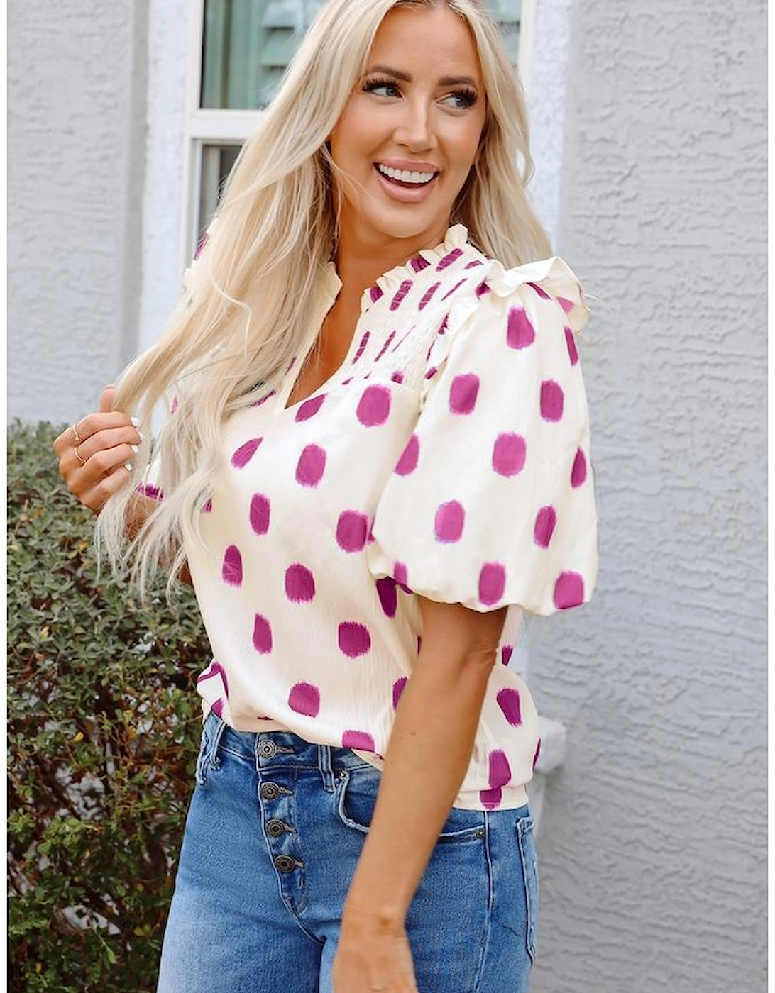 Rose Polka Dot Print Shirred Yoke Notched Neck Balloon Sleeve Blouse