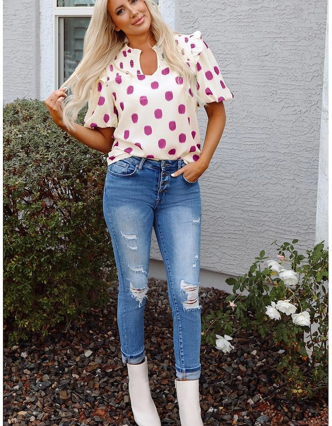 Rose Polka Dot Print Shirred Yoke Notched Neck Balloon Sleeve Blouse