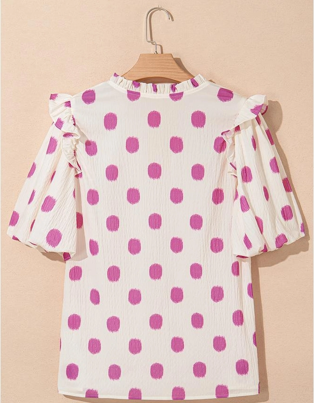 Rose Polka Dot Print Shirred Yoke Notched Neck Balloon Sleeve Blouse