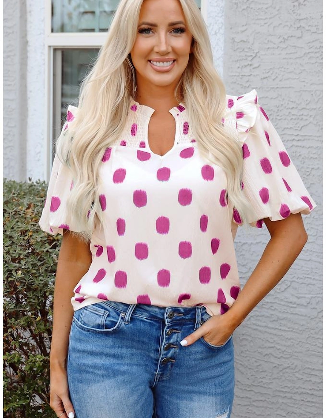 Rose Polka Dot Print Shirred Yoke Notched Neck Balloon Sleeve Blouse