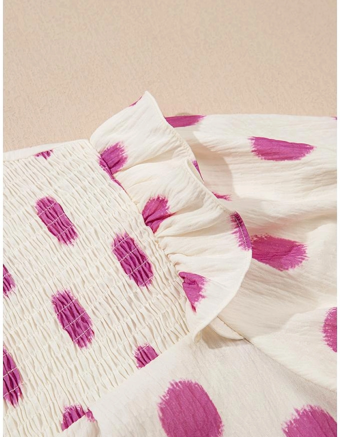 Rose Polka Dot Print Shirred Yoke Notched Neck Balloon Sleeve Blouse