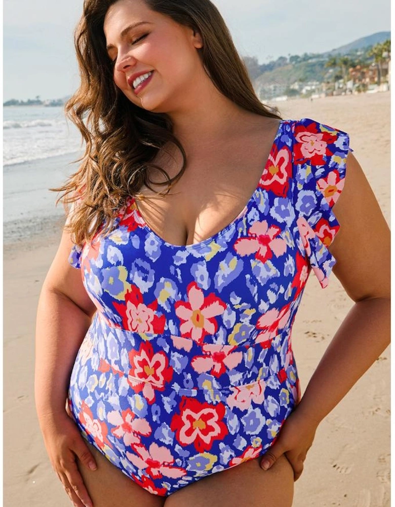 Blue Floral Print Ruffled V Neck High Waist One Piece Swimwear