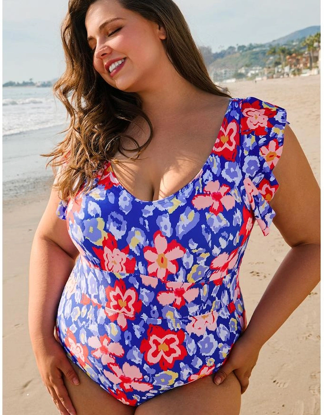 Blue Floral Print Ruffled V Neck High Waist One Piece Swimwear