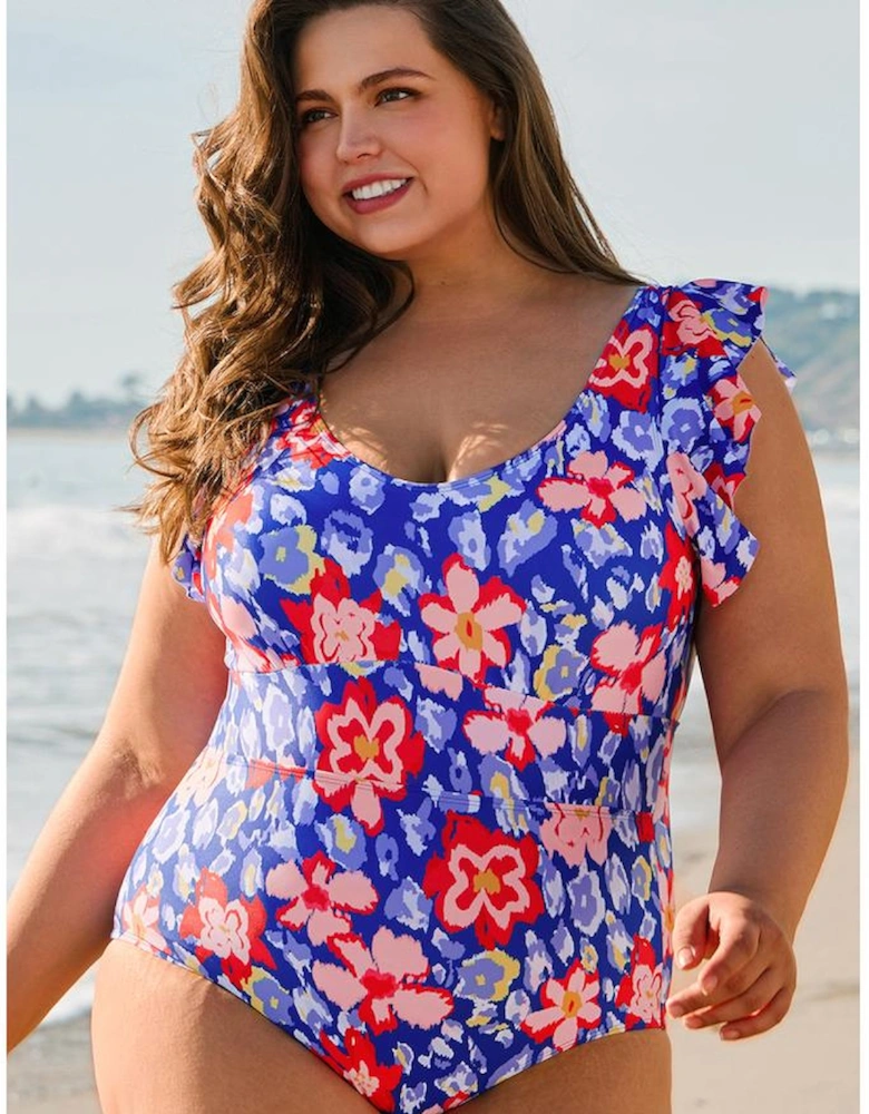 Blue Floral Print Ruffled V Neck High Waist One Piece Swimwear