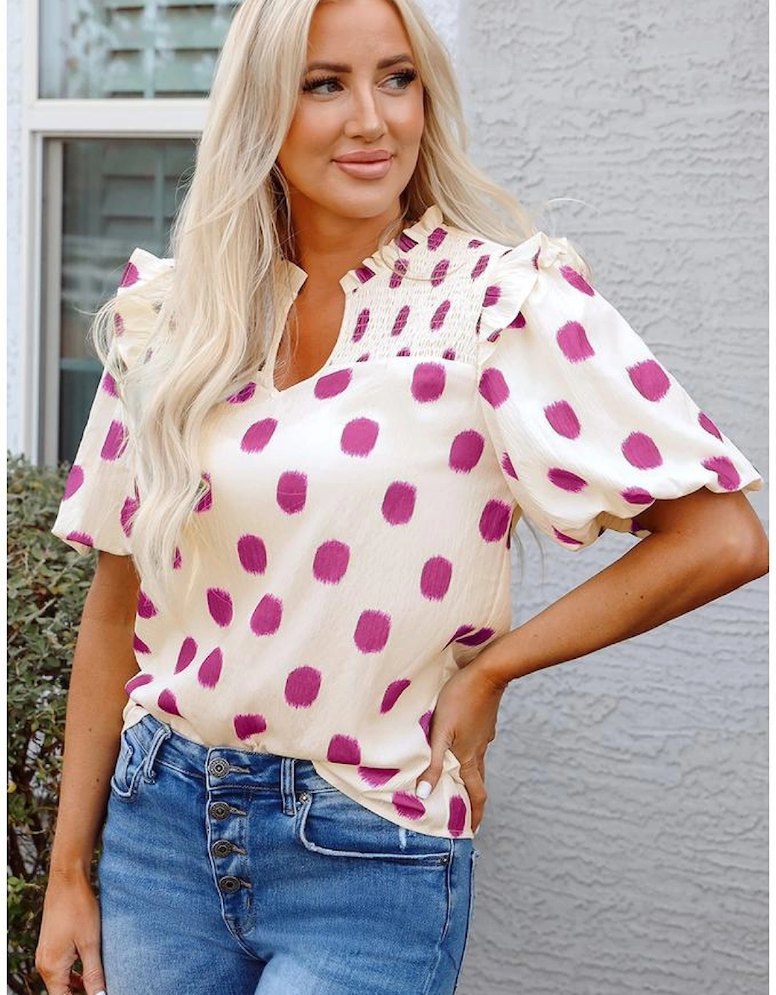 Rose Polka Dot Print Shirred Yoke Notched Neck Balloon Sleeve Blouse
