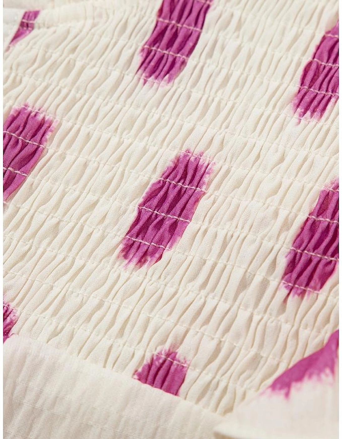 Rose Polka Dot Print Shirred Yoke Notched Neck Balloon Sleeve Blouse