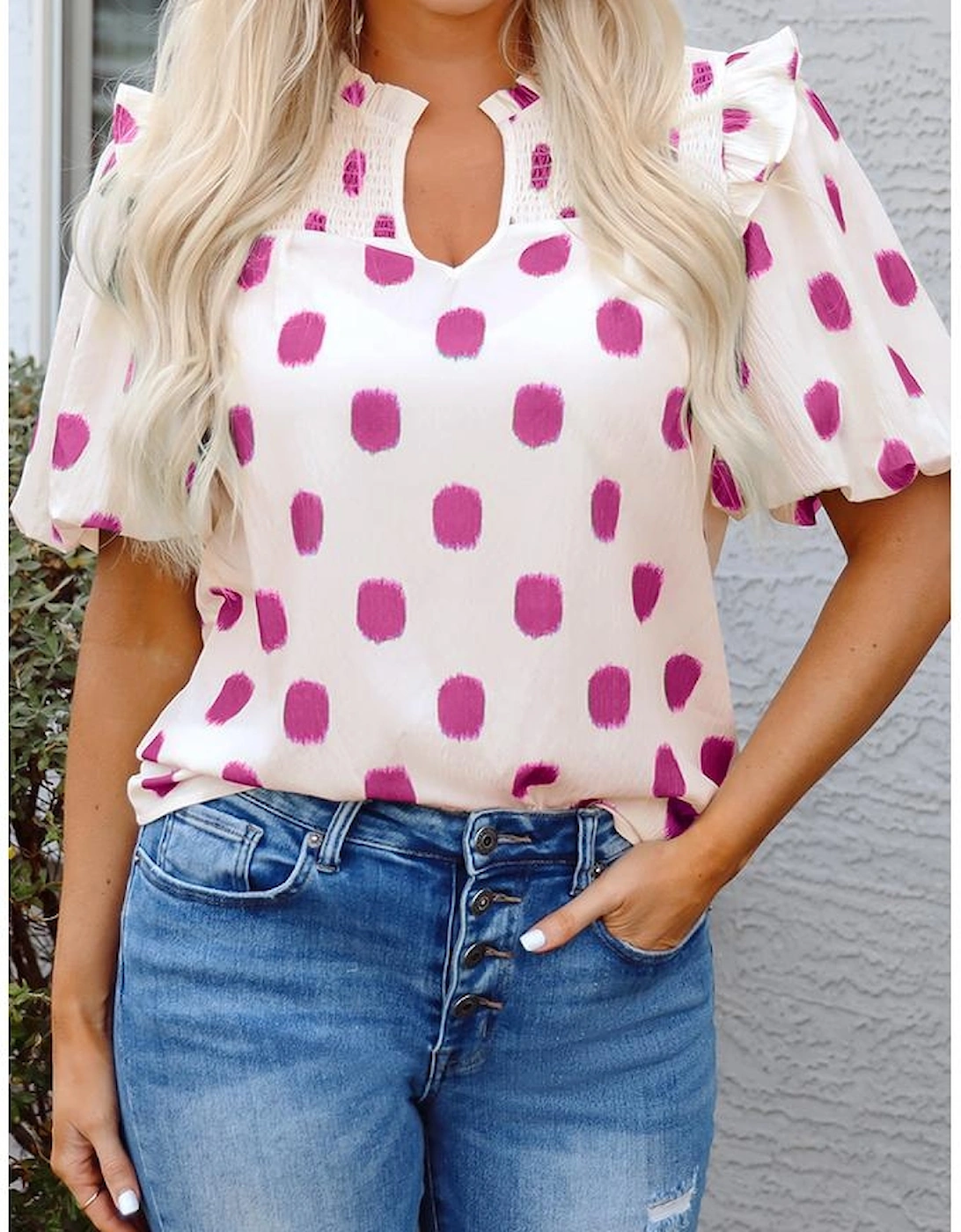 Rose Polka Dot Print Shirred Yoke Notched Neck Balloon Sleeve Blouse