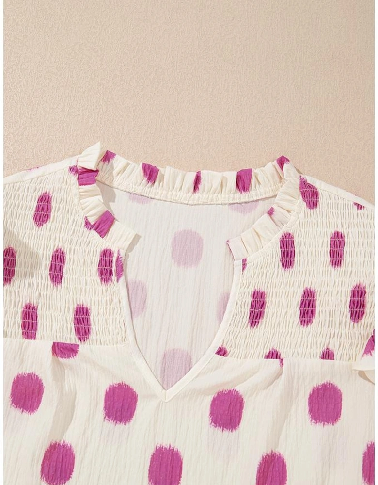 Rose Polka Dot Print Shirred Yoke Notched Neck Balloon Sleeve Blouse
