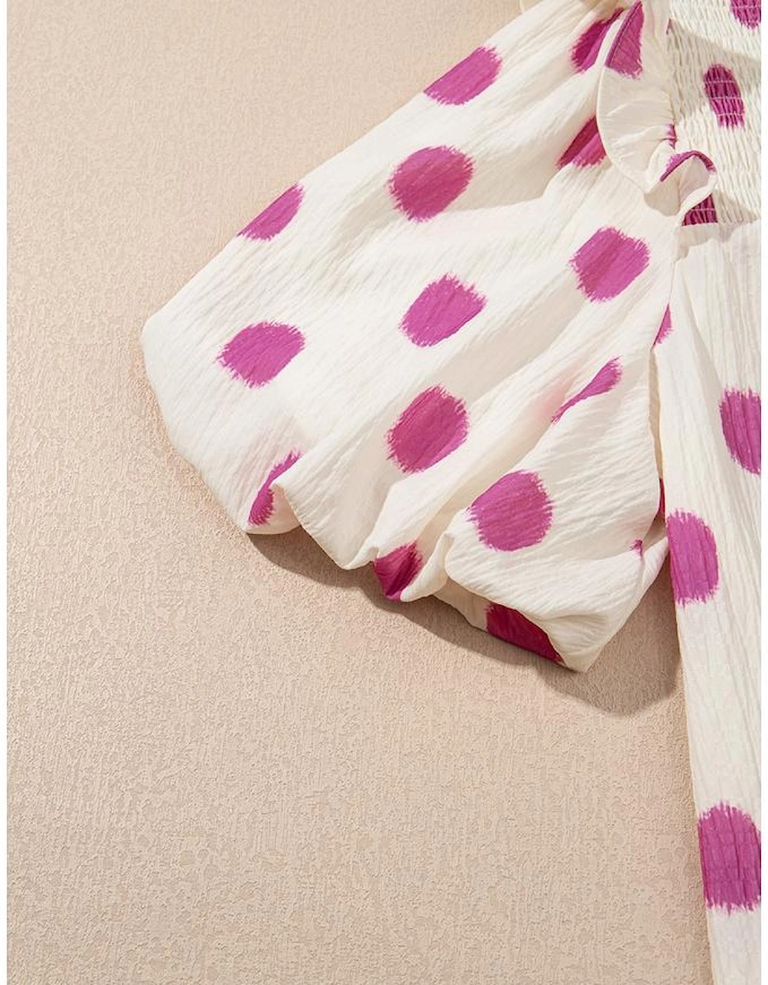 Rose Polka Dot Print Shirred Yoke Notched Neck Balloon Sleeve Blouse