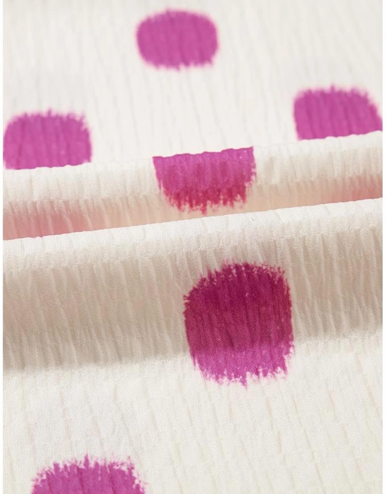 Rose Polka Dot Print Shirred Yoke Notched Neck Balloon Sleeve Blouse