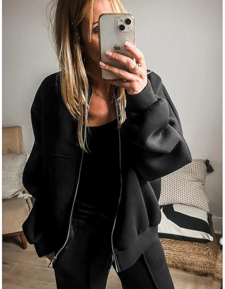 Black Solid Seamed Zipper Jacket and Drawstring Waist Pants Set