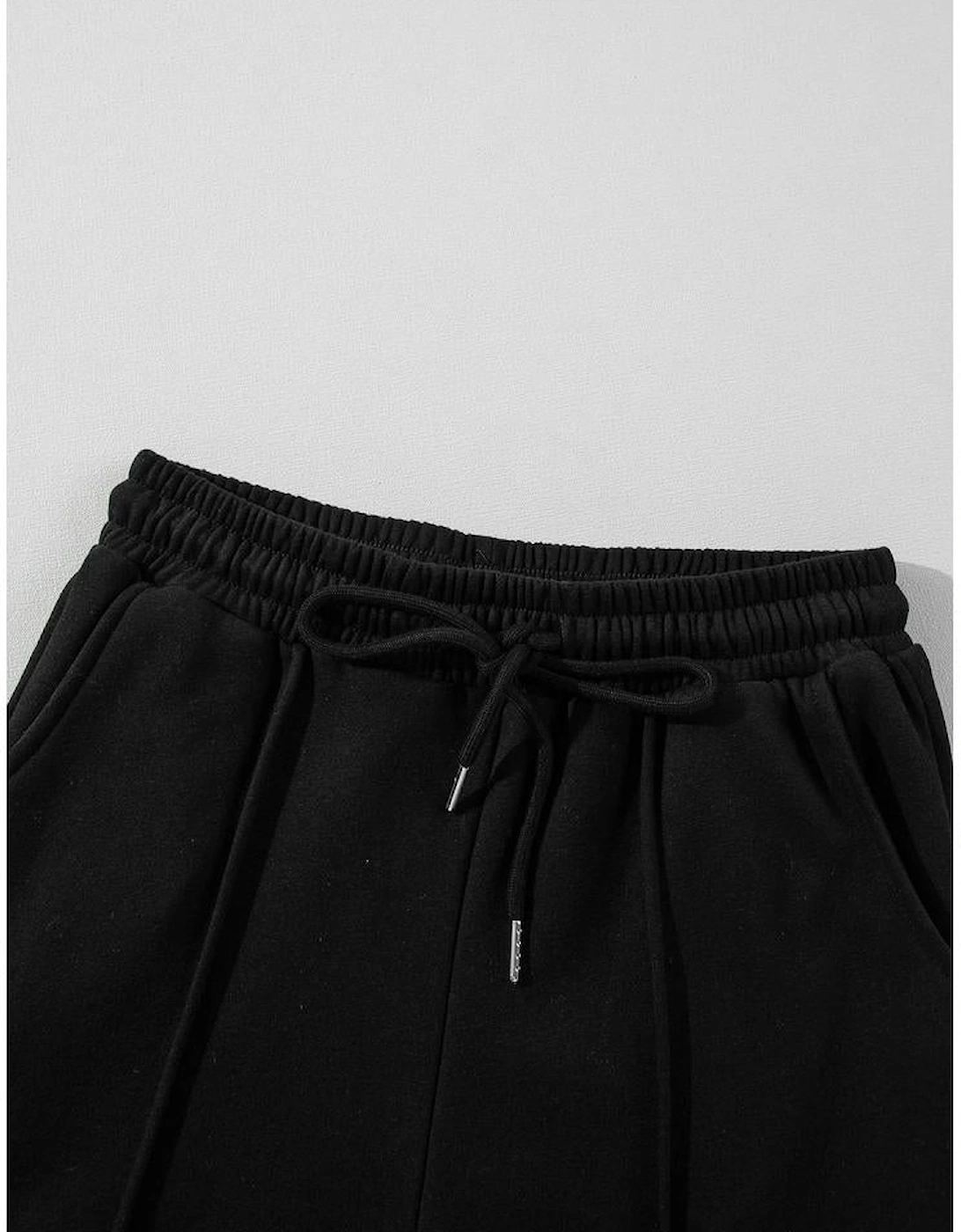 Black Solid Seamed Zipper Jacket and Drawstring Waist Pants Set