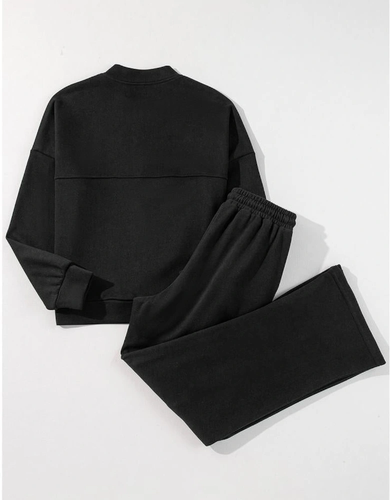 Black Solid Seamed Zipper Jacket and Drawstring Waist Pants Set