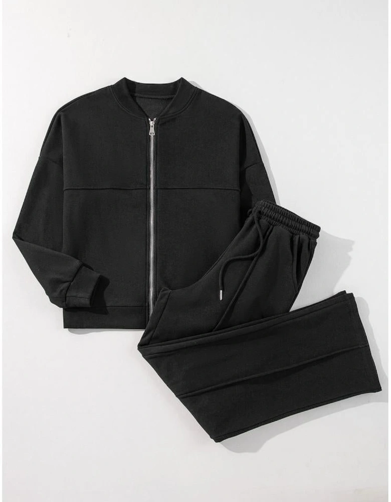 Black Solid Seamed Zipper Jacket and Drawstring Waist Pants Set