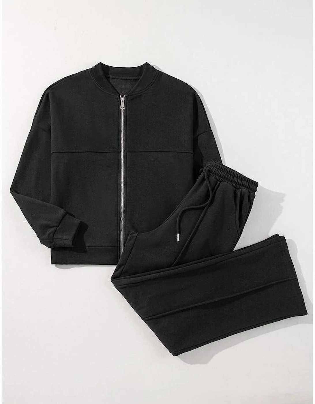 Black Solid Seamed Zipper Jacket and Drawstring Waist Pants Set