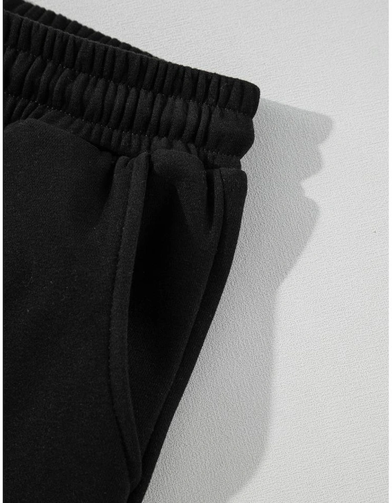 Black Solid Seamed Zipper Jacket and Drawstring Waist Pants Set