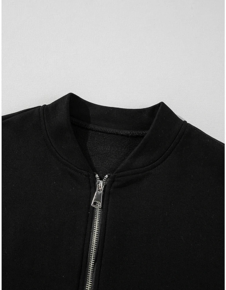 Black Solid Seamed Zipper Jacket and Drawstring Waist Pants Set