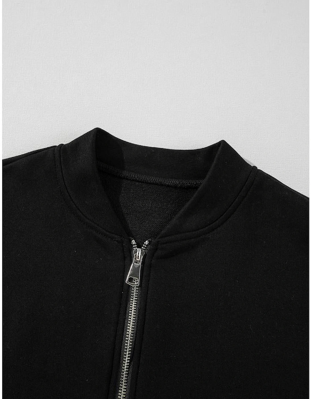 Black Solid Seamed Zipper Jacket and Drawstring Waist Pants Set