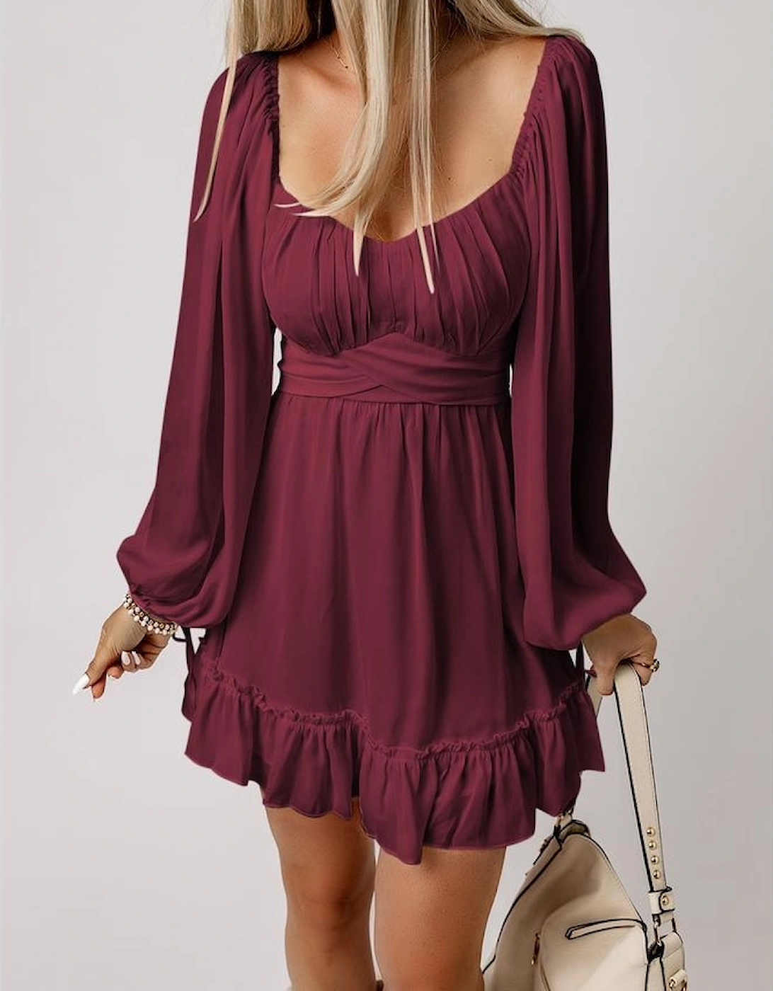 Fiery Red Plain Ruffled High Waist Square Neck Mini Dress