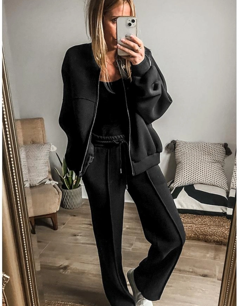 Black Solid Seamed Zipper Jacket and Drawstring Waist Pants Set