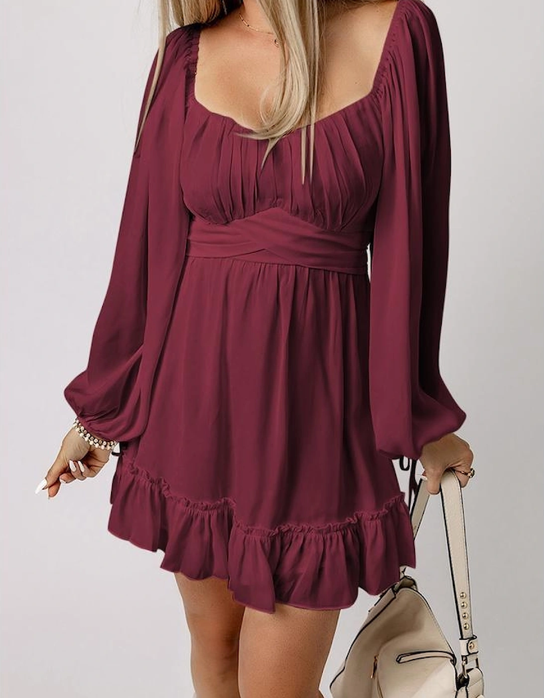 Fiery Red Plain Ruffled High Waist Square Neck Mini Dress