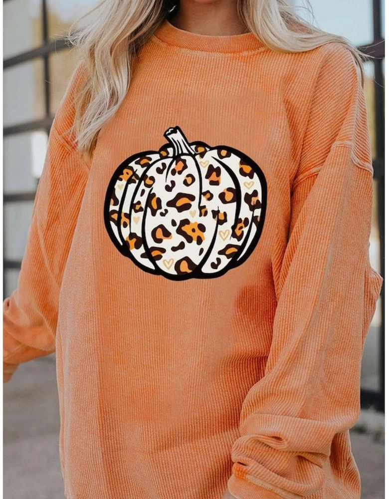 Orange Leopard Pumpkin Graphic Corded Sweatshirt