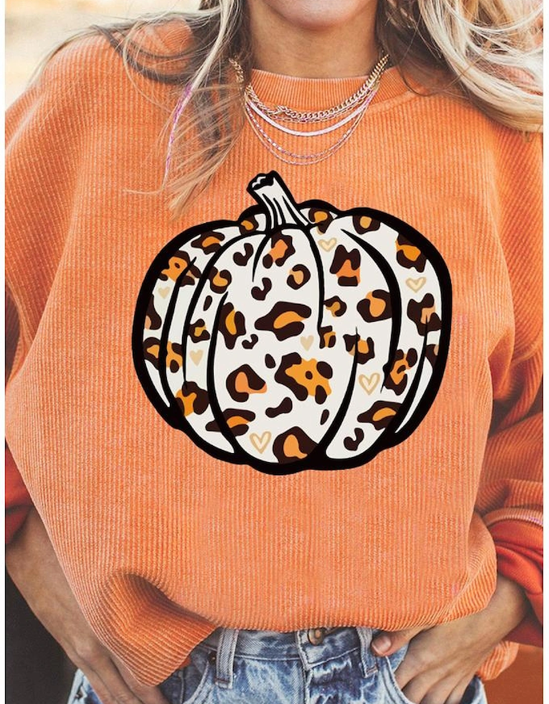 Orange Leopard Pumpkin Graphic Corded Sweatshirt