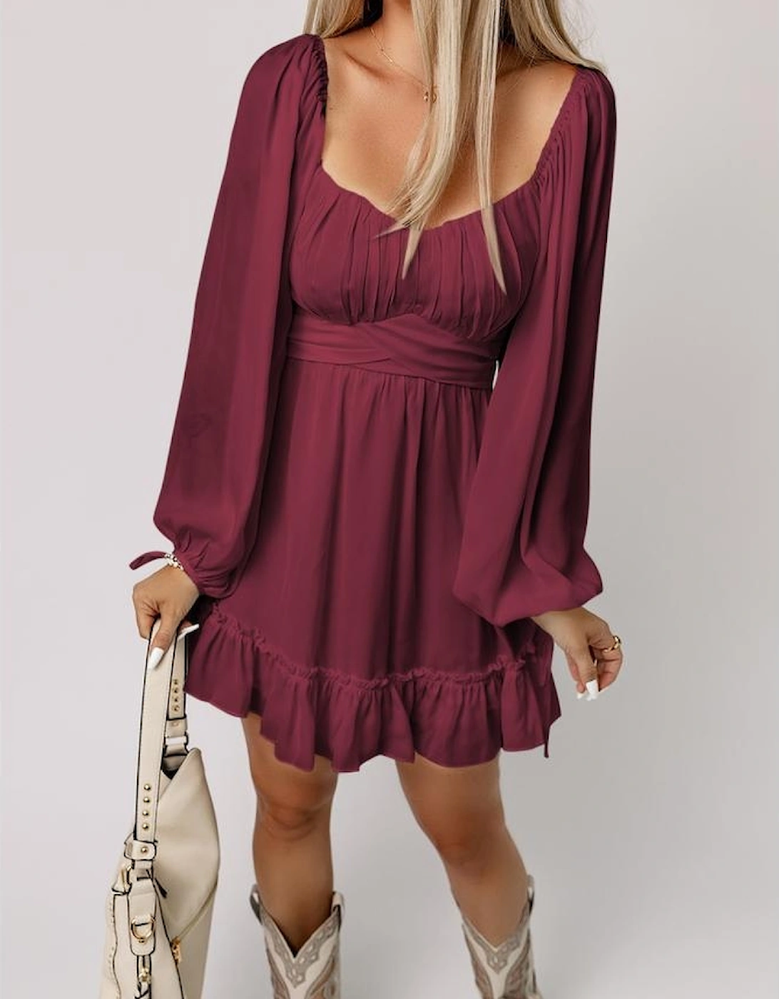 Fiery Red Plain Ruffled High Waist Square Neck Mini Dress