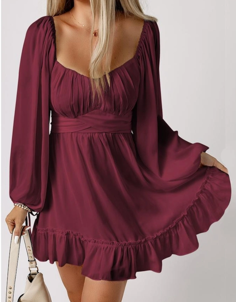 Fiery Red Plain Ruffled High Waist Square Neck Mini Dress