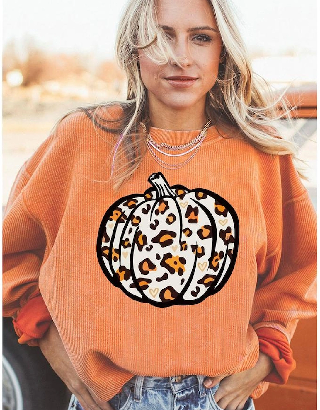 Orange Leopard Pumpkin Graphic Corded Sweatshirt