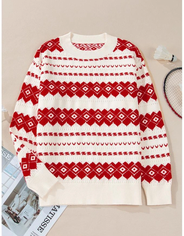 White Western Geometric Patterned Crew Neck Loose Sweater
