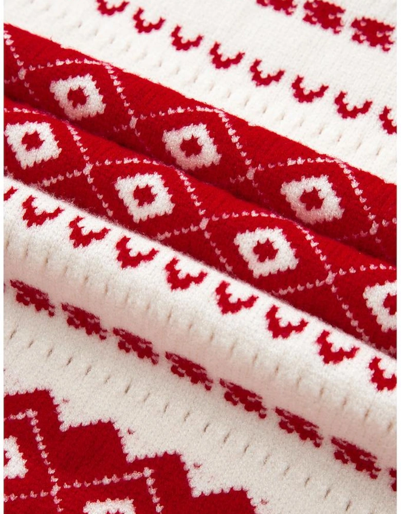 White Western Geometric Patterned Crew Neck Loose Sweater