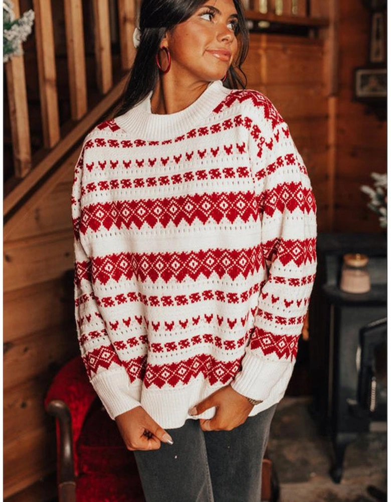 White Western Geometric Patterned Crew Neck Loose Sweater