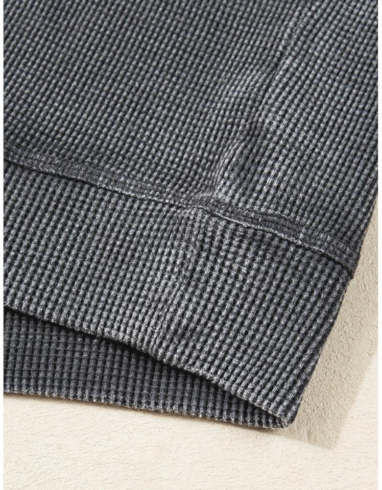 Dark Grey Waffle Knit Patchwork Long Sleeve Loose Top