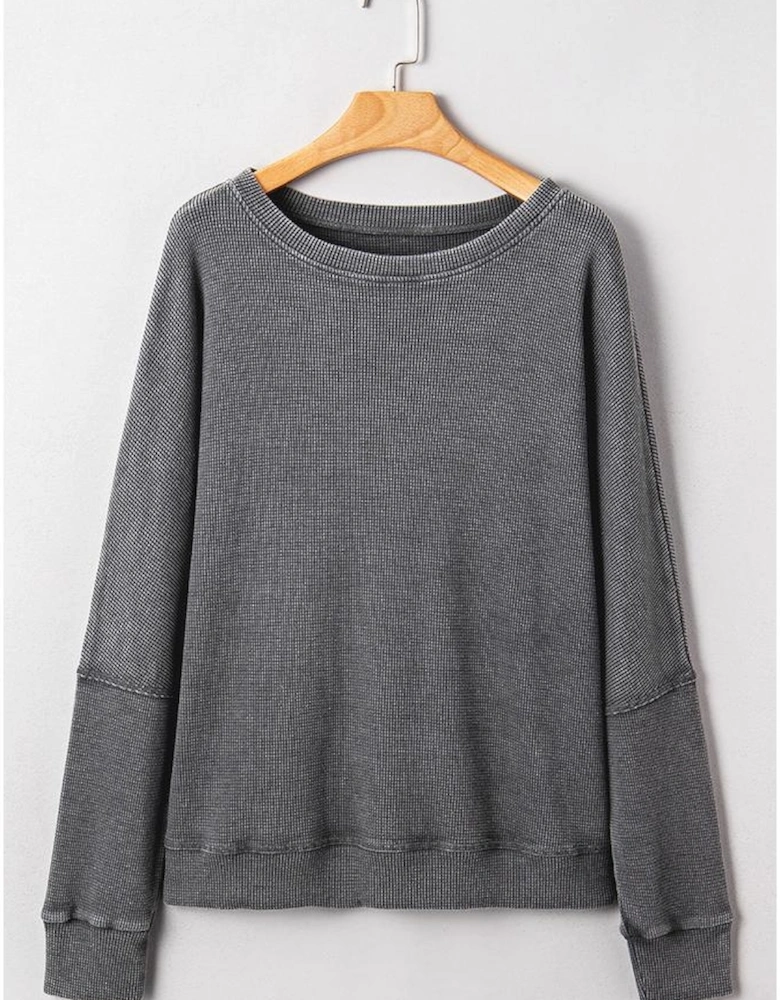 Dark Grey Waffle Knit Patchwork Long Sleeve Loose Top