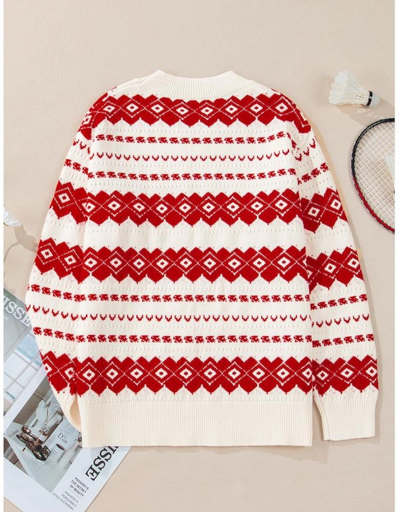 White Western Geometric Patterned Crew Neck Loose Sweater