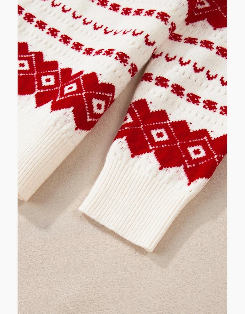 White Western Geometric Patterned Crew Neck Loose Sweater