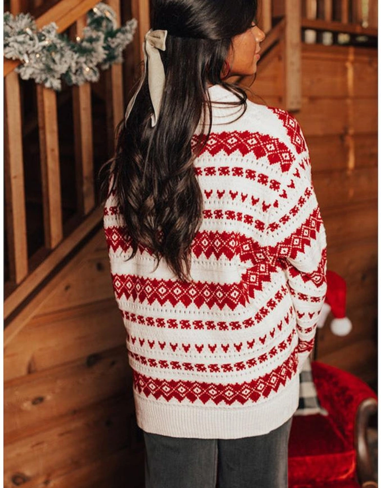 White Western Geometric Patterned Crew Neck Loose Sweater
