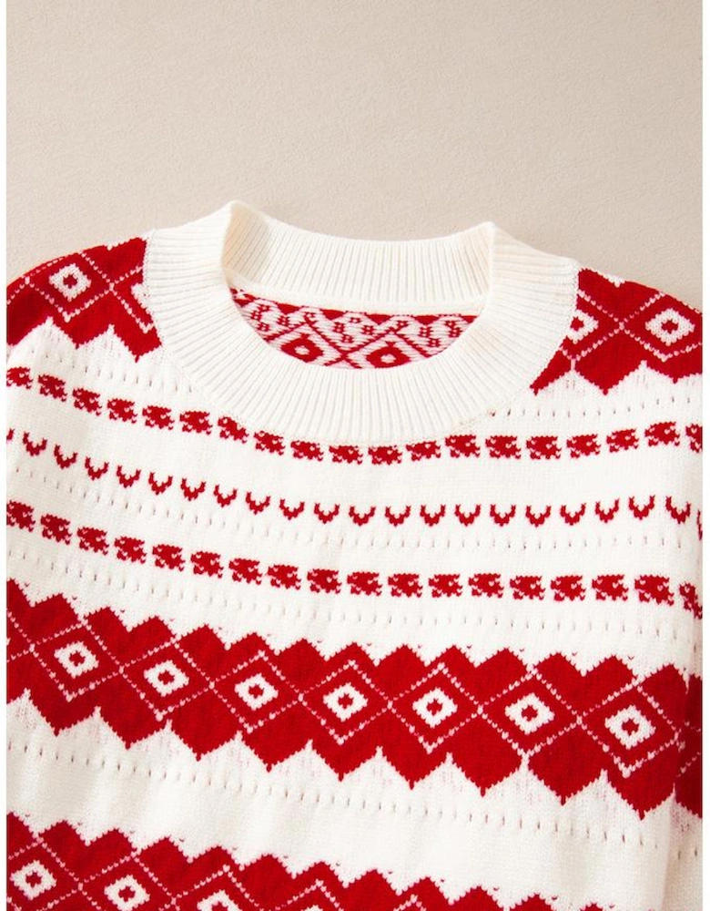 White Western Geometric Patterned Crew Neck Loose Sweater