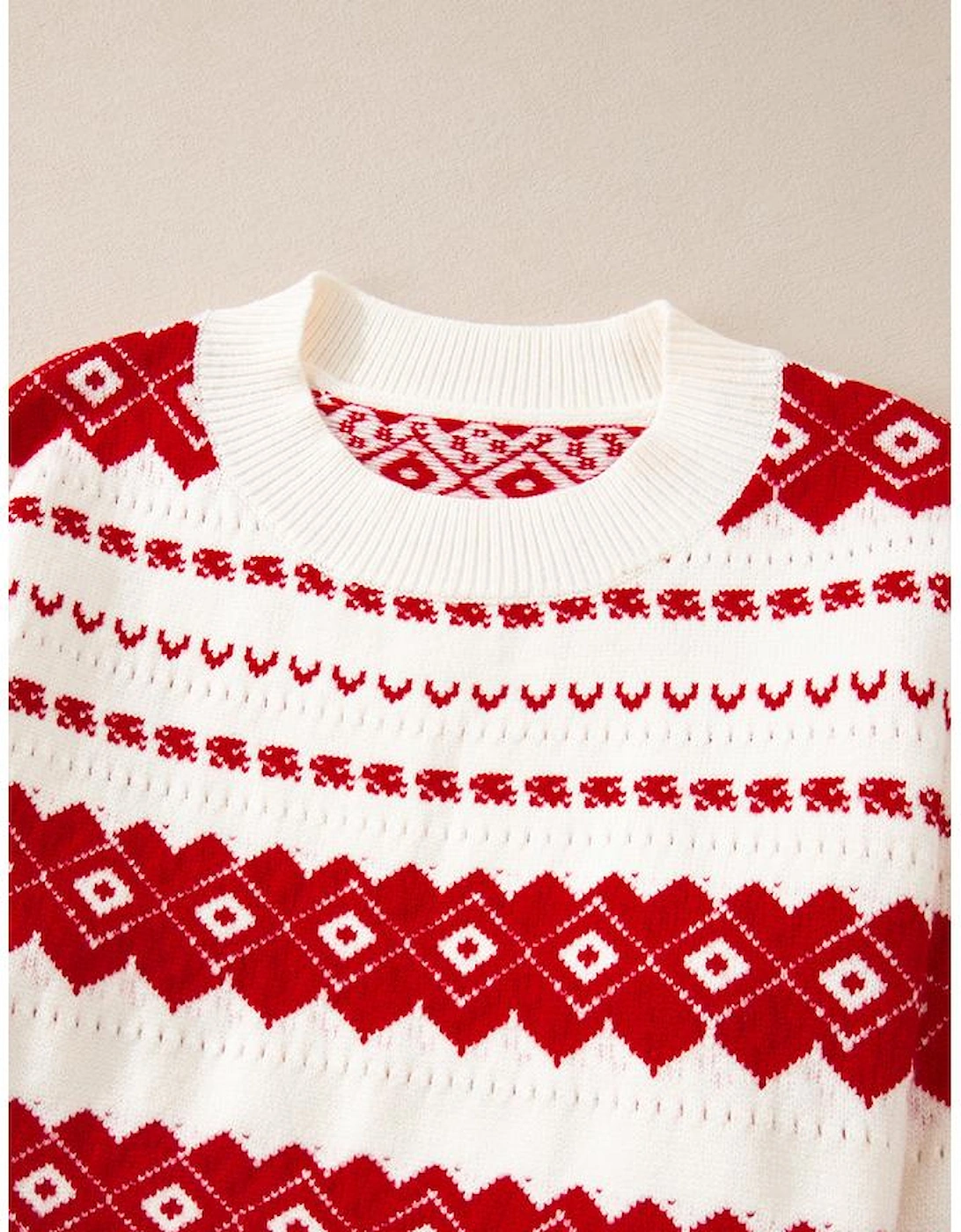 White Western Geometric Patterned Crew Neck Loose Sweater
