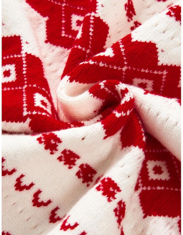 White Western Geometric Patterned Crew Neck Loose Sweater