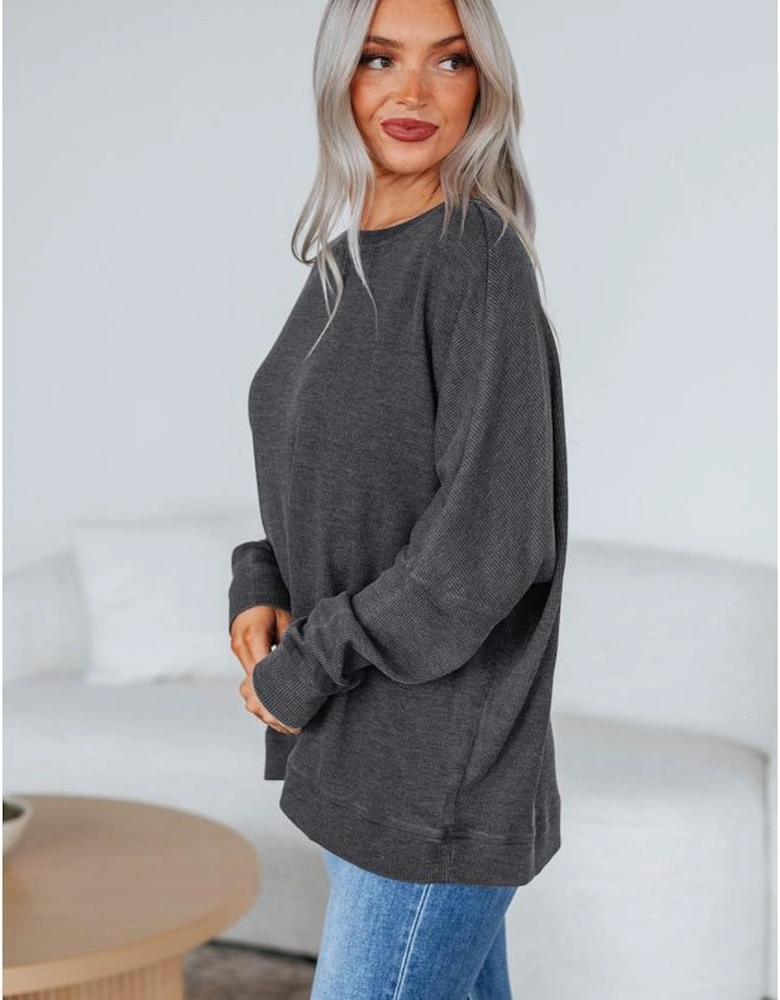 Dark Grey Waffle Knit Patchwork Long Sleeve Loose Top