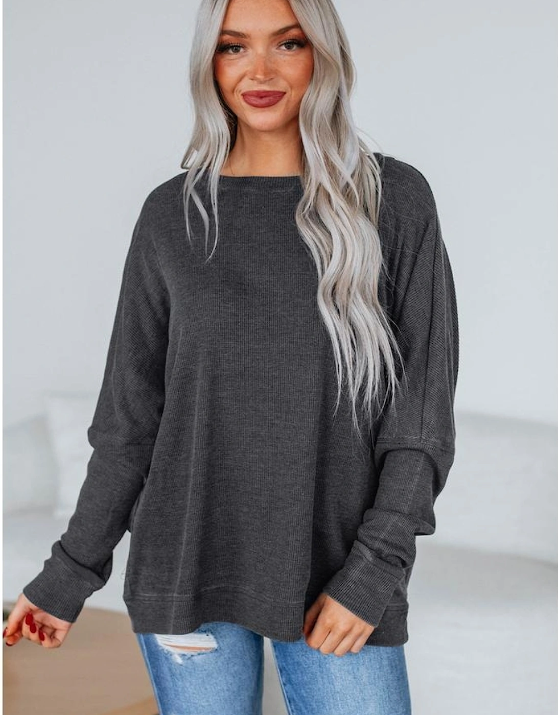 Dark Grey Waffle Knit Patchwork Long Sleeve Loose Top