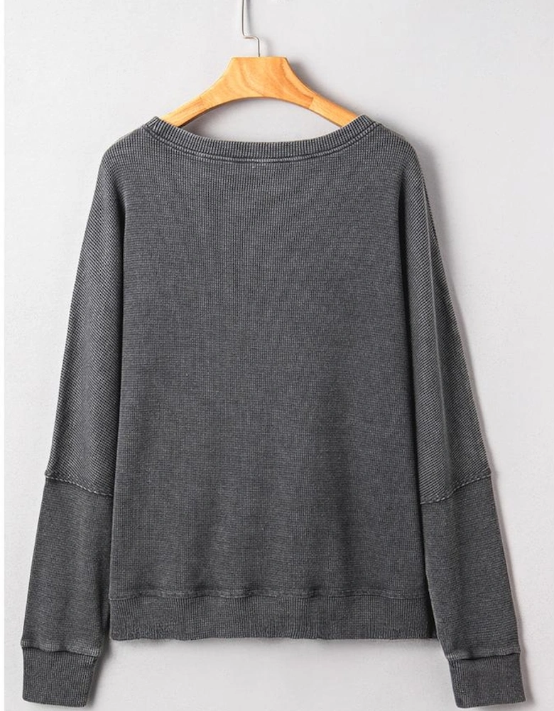Dark Grey Waffle Knit Patchwork Long Sleeve Loose Top