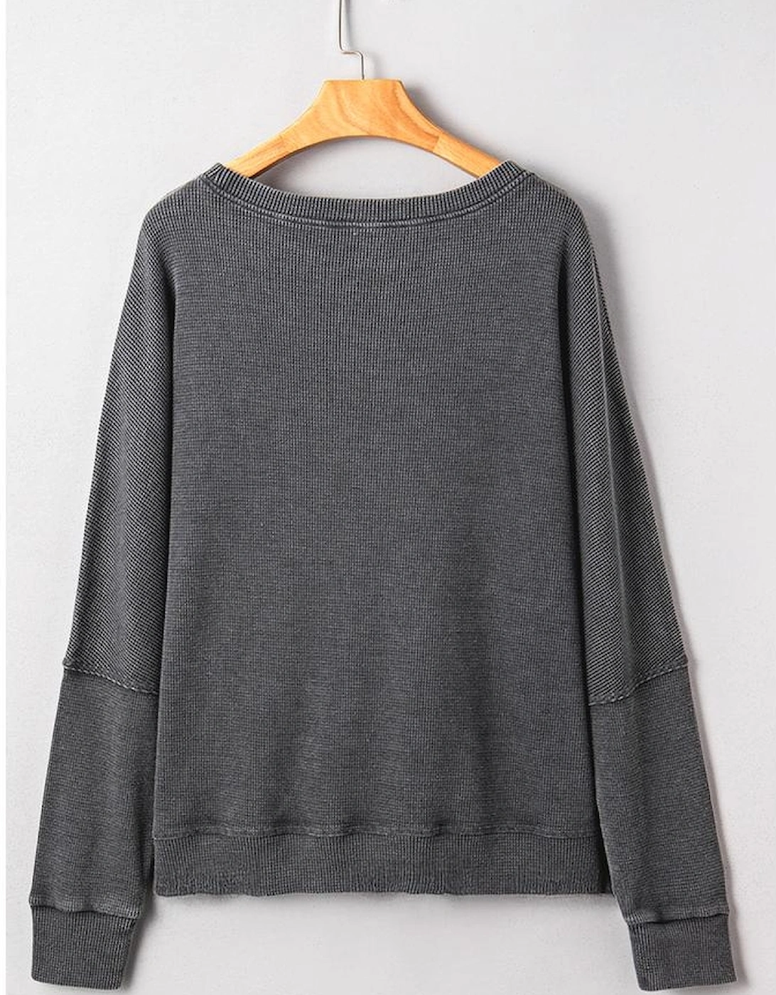 Dark Grey Waffle Knit Patchwork Long Sleeve Loose Top