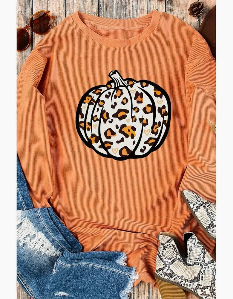 Orange Leopard Pumpkin Graphic Corded Sweatshirt