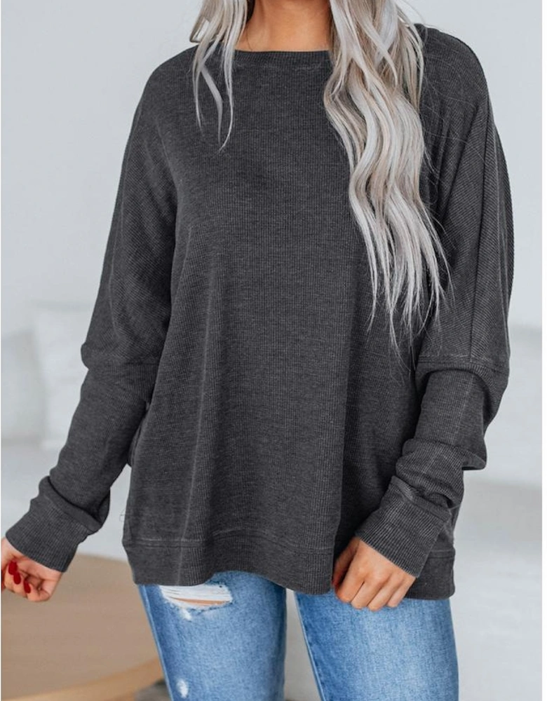 Dark Grey Waffle Knit Patchwork Long Sleeve Loose Top
