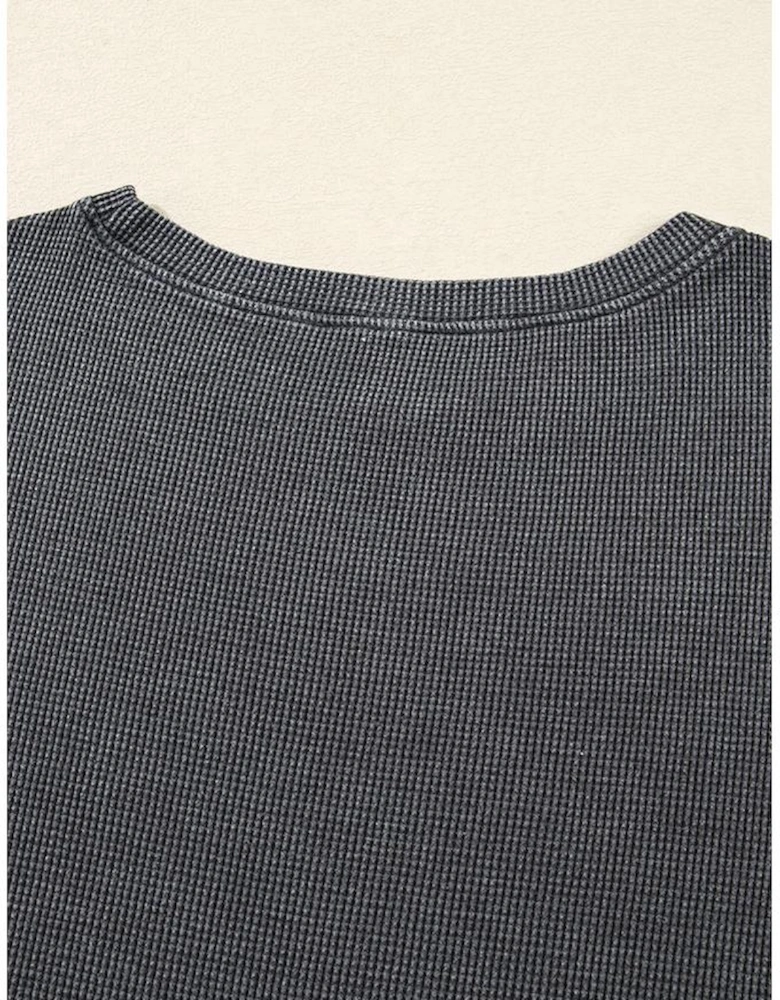 Dark Grey Waffle Knit Patchwork Long Sleeve Loose Top
